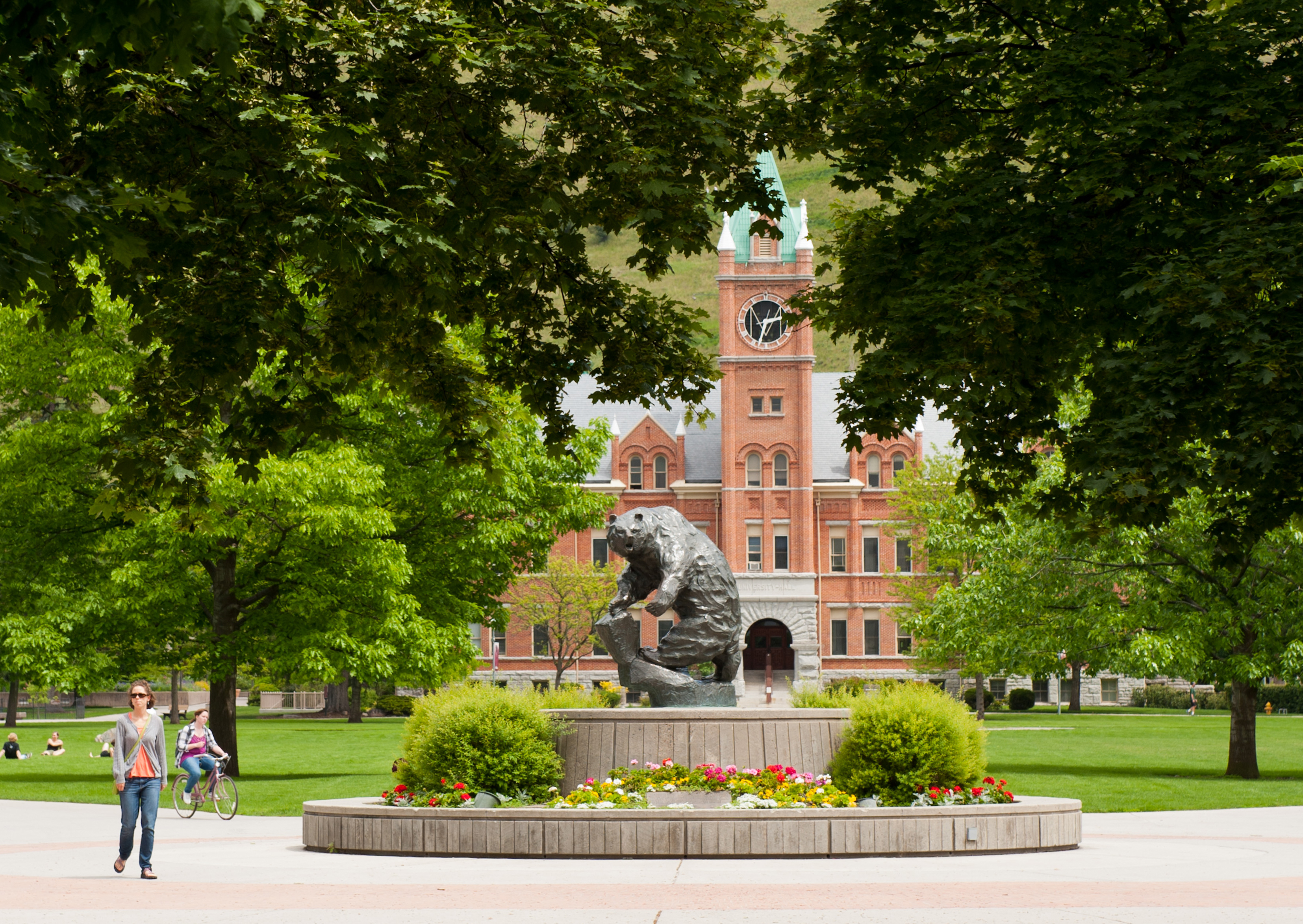 grizzly statue and university hall in the background seen on a sunny day